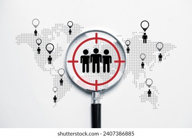 Human icon inside of magnifier glass with world map for customer focus analysis target group and customer relation management concept.