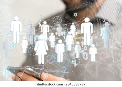 The human icons with binary numbers hovering above the man's hand holding a smartphone.