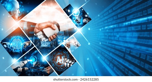Human interact with AI artificial intelligence virtual assistant robot. Concept of AI artificial intelligence prompt engineering, LLM AI learning to use generative AI for increasing productivity. NLP