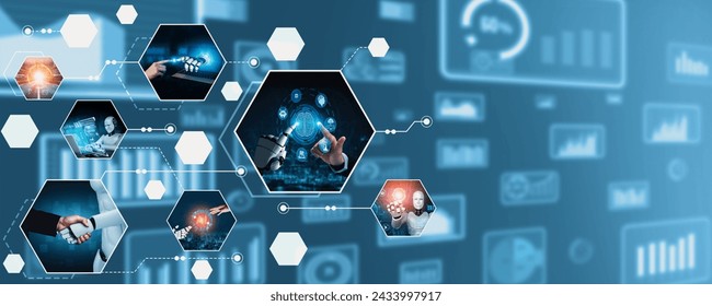 Human interact with AI artificial intelligence virtual assistant robot. Concept of AI artificial intelligence prompt engineering, LLM AI learning to use generative AI for increasing productivity. NLP - Powered by Shutterstock - Get 15% off with code: PIKWIZARD15