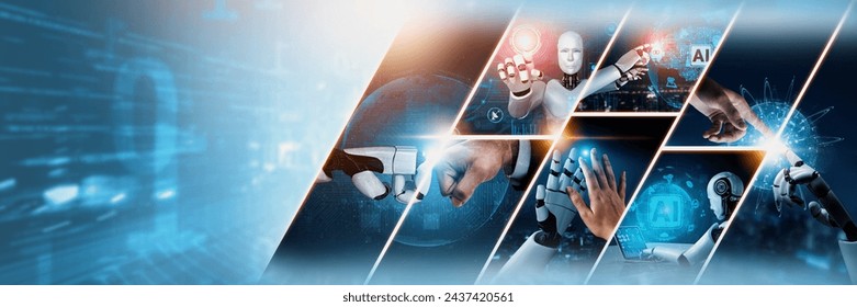 Human interact with AI artificial intelligence virtual assistant robot. Concept of AI artificial intelligence prompt engineering, LLM AI learning to use generative AI for increasing productivity. NLP