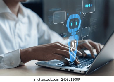 Human interact with AI artificial intelligence virtual assistant chatbot in concept of AI artificial intelligence prompt engineering, LLM AI deep learning to use generative AI for work support. FaaS - Powered by Shutterstock