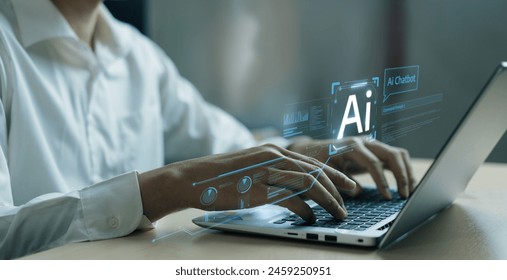 Human interact with AI artificial intelligence virtual assistant chatbot in concept of AI artificial intelligence prompt engineering, LLM AI deep learning to use generative AI for work support. FaaS - Powered by Shutterstock