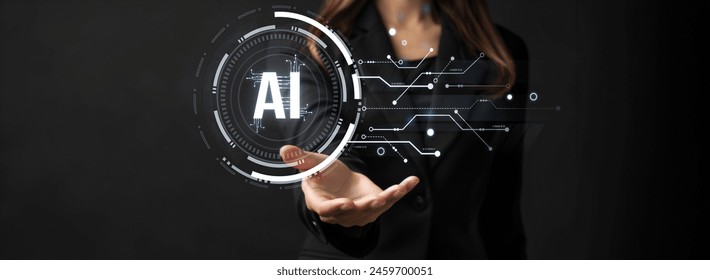 Human interact with AI artificial intelligence brain processor in concept of AI artificial intelligence engineering, big data and AI machine learning to use generative AI for business support. Faas - Powered by Shutterstock