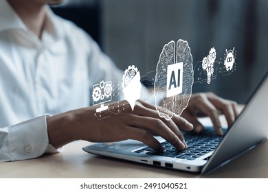 Human interact with AI artificial intelligence brain processor in concept of AI artificial intelligence engineering, big data and AI machine learning to use generative AI for business support. Faas - Powered by Shutterstock