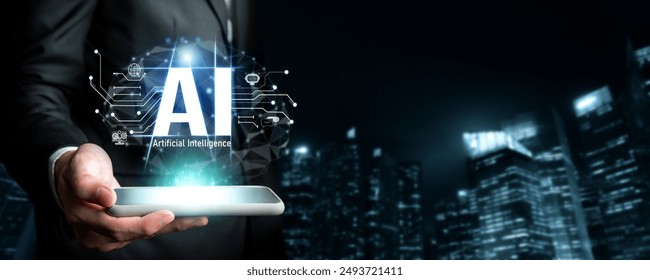 Human interact with AI artificial intelligence brain processor in concept of AI artificial intelligence engineering, big data and AI machine learning to use generative AI for business support. Faas - Powered by Shutterstock