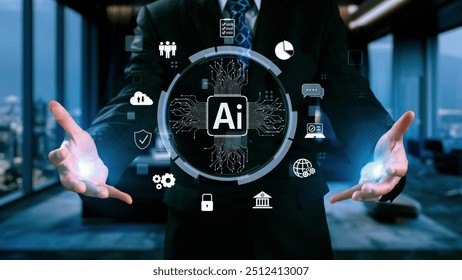 Human interact with AI artificial intelligence brain processor in concept of AI artificial intelligence engineering, big data and AI machine learning to use generative AI for business support. UUID