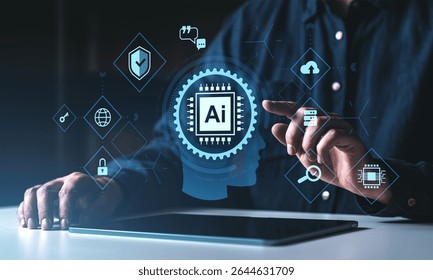 Human interacting with AI interface for automating digital business processes, futuristic style, dark background, concept of future technology and automation