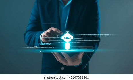 Human interacting with a glowing robot icon and digital binary code on screen. Concept of AI chatbot, artificial intelligence, automation, future technology, digital transformation, smart solutions.