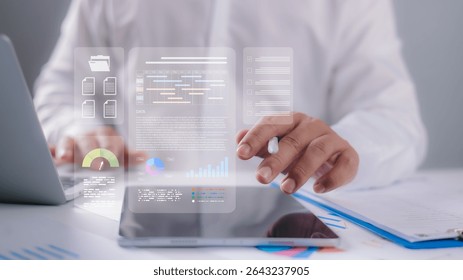 Human interacts with a digital interface showing analytics, charts, project tools, Business intelligence, data analysis, workflow optimization. Corporate tech, finance, modern productivity solutions.