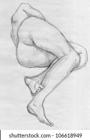 Human laying figure of a naked woman, charcoal sketch