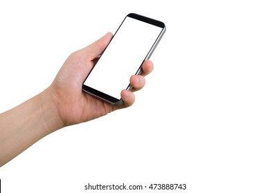 Human Left Hand Hold Smart Phone, Tablet, Cellphone With White Blank Screen On Isolate White Background.