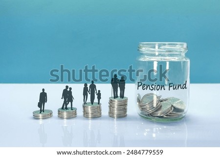Human life cycle on stack of coins and a glass jar to prepare a pension fund. Saving money for retirement planning concept.