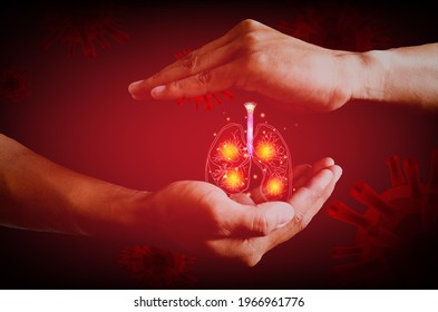 Human Lung. Lungs Between Two Palms Lung Damage From The Corona Virus Covid 19. The Technology Concept.