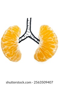 the human lungs using two halves of orange. the orange resemble the lobes of the lungs, and the drawn black line connecting them symbolizes the trachea or windpipe. concept for healthy lungs.