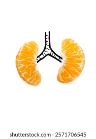 the human lungs using two halves of orange. the orange resemble the lobes of the lungs, and the drawn black line connecting them symbolizes the trachea or windpipe. concept for healthy lungs.