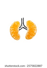 the human lungs using two halves of orange. the orange resemble the lobes of the lungs, and the drawn black line connecting them symbolizes the trachea or windpipe. concept for healthy lungs