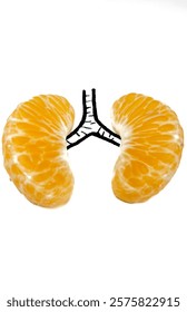 the human lungs using two halves of orange. the orange resemble the lobes of the lungs, and the drawn black line connecting them symbolizes the trachea or windpipe. concept for healthy lungs