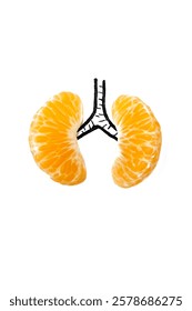 the human lungs using two halves of orange. the orange resemble the lobes of the lungs, and the drawn black line connecting them symbolizes the trachea or windpipe. concept for healthy lungs