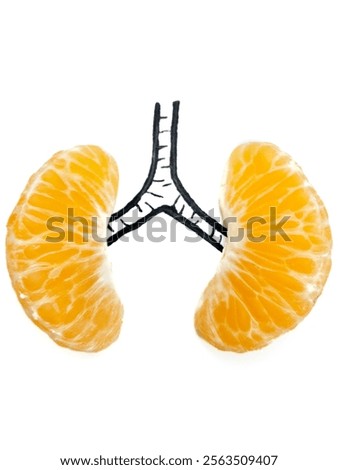the human lungs using two halves of orange. the orange resemble the lobes of the lungs, and the drawn black line connecting them symbolizes the trachea or windpipe. concept for healthy lungs.