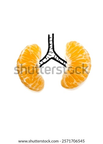 the human lungs using two halves of orange. the orange resemble the lobes of the lungs, and the drawn black line connecting them symbolizes the trachea or windpipe. concept for healthy lungs.