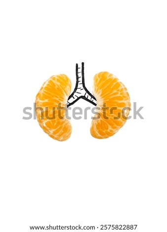 the human lungs using two halves of orange. the orange resemble the lobes of the lungs, and the drawn black line connecting them symbolizes the trachea or windpipe. concept for healthy lungs