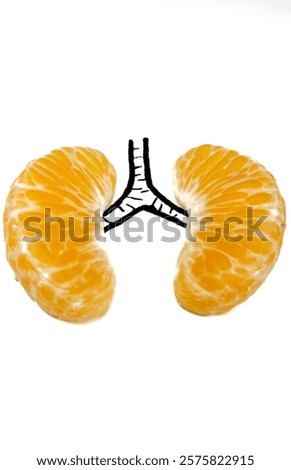 the human lungs using two halves of orange. the orange resemble the lobes of the lungs, and the drawn black line connecting them symbolizes the trachea or windpipe. concept for healthy lungs