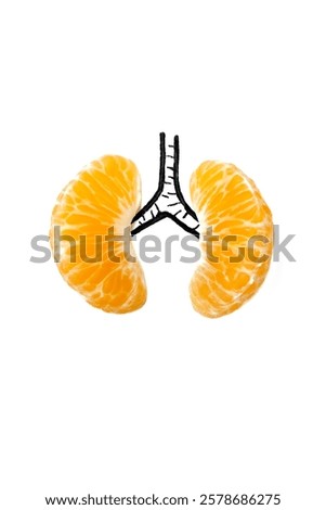 the human lungs using two halves of orange. the orange resemble the lobes of the lungs, and the drawn black line connecting them symbolizes the trachea or windpipe. concept for healthy lungs