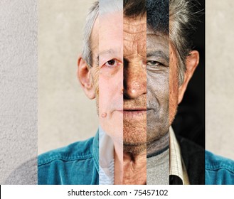 Human male face made of several different people, artistic concept vertical collage