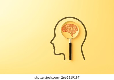 Human Mind Analysis and Intelligence Research Concept. Magnifying glass focuses red brain inside human head outline representing mental health assessment, memory, cognition, and psychological analysis