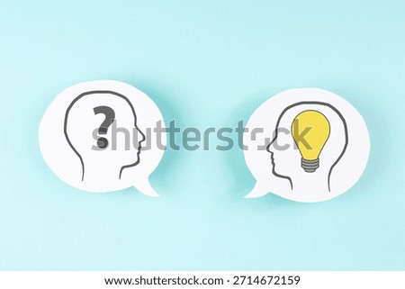 Human mind, question mark and light bulb, brain ask for answer, brainstorming, overthinking, connecting knowledge and wisdom, confusion and clarity