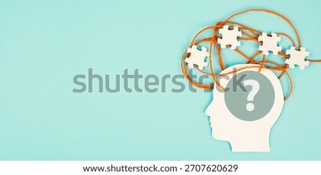 Human mind, question mark and puzzle pieces, brain ask for answer, brainstorming, overthinking, connecting knowledge and wisdom, confusion and clarity
