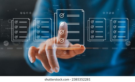 Human performance check mark on checklist, survey, form, check mark, yes, questionnaire, filling digital, list, assessment, exam, vote, answer, to do list, evaluation, business and education concept