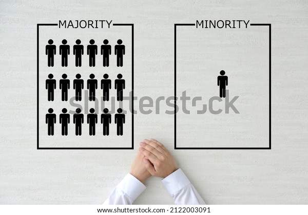Human pictogram divided into majority or\
minority group and business man\'s\
hands