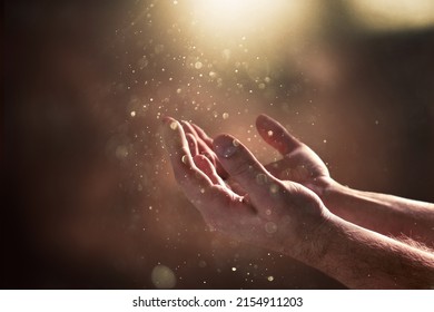 Human praying hands with faith in religion and belief in God on blessing background.