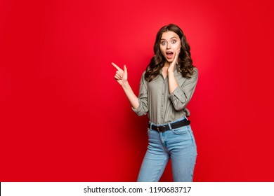 Human reaction, emotion sale, discount, concept. Astonishment lady in denim wear, big eyes, open mouth indicate aside, hold palm near chick isolated on bright red background with copy space for text