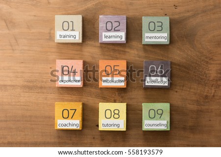 Human resource or eduction terms categorized on hand painted colored wooden cubes on grungy wooden background with vintage taste. 