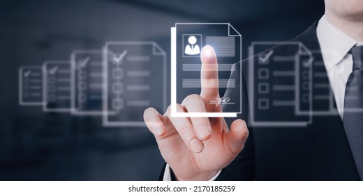 Human Resource Information System And Talent Marketplace Concept With HR Manager Scrolling Digital Resume On Virtual Screen