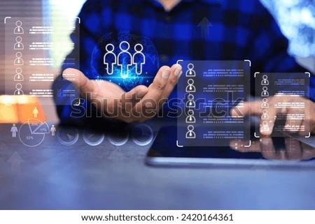 Human resource management staff recruitment using tablet computer to find qualified person in social network and online application to be candidate interview to join company and working team