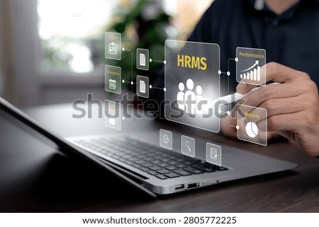 Human Resource Management System (HRMS) dashboard with employee management, attendance tracking, payroll processing, performance analytics and workforce reporting on a digital business interface. Modern HR software concept for talent management, workforce administration, employee records, people analytics, business automation, cloud technology, secure data management and enterprise productivity.