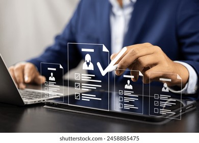 Human resource management technology (HR), Human resource manager touching human resource network structure and checks the CV online to choose the perfect employee for company, Effective recruitment. - Powered by Shutterstock