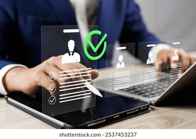 Human resource management technology (HR), Human resource manager touching human resource network structure and checks the CV online to choose the perfect employee for company, Effective recruitment.