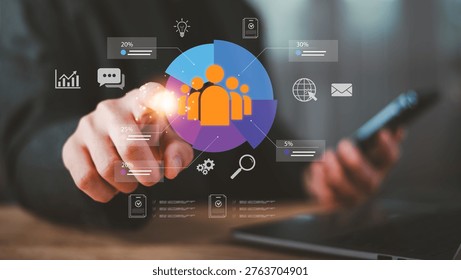 human resource manager analyzing team performance with digital pie chart dashboard, employee segmentation, workforce analytics, talent management, data driven decision making ,modern HR technology