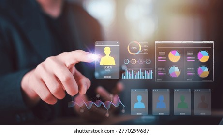 Human resource manager analyzing user data and employee analytics through virtual dashboard, focusing on workforce management, talent tracking, HR technology, performance metrics, business insight