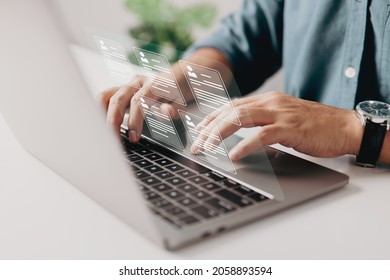 Human resource manager looking at many CV resumes and choosing perfect person to hire. HR concept on virtual screen. - Shutterstock ID 2058893594