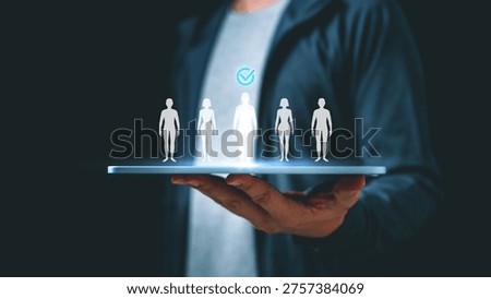 Human resource selection concept with glowing candidate icon on digital platform, symbolizing recruitment, talent identification, hiring decision, workforce analytics in modern business environment.