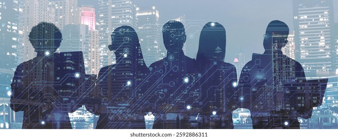 Human resource. Silhouettes of people, multiple exposure with night cityscape and circuit board pattern