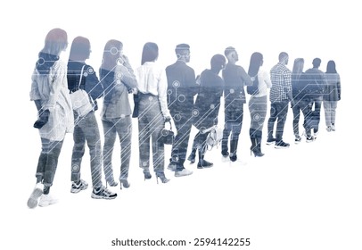 Human resource. Silhouettes of people, multiple exposure with cityscape and circuit board pattern