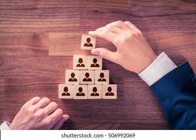 Human Resources And Corporate Hierarchy Concept - Recruiter Complete Team By One Leader Person (CEO) Represented By Icon.