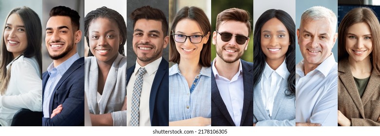 Human Resources Database Concept, Web-banner. Happy Multiethnic Young And Old People In Formal Outwear Smiling At Camera, Collection Of Candid Photos In A Row, Collage, Panorama